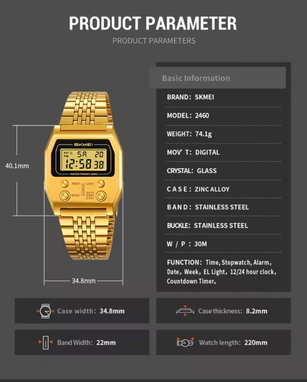 Waterproof Retro Racing StopWatch Stainless Steel Sport Luxury Electronic Black