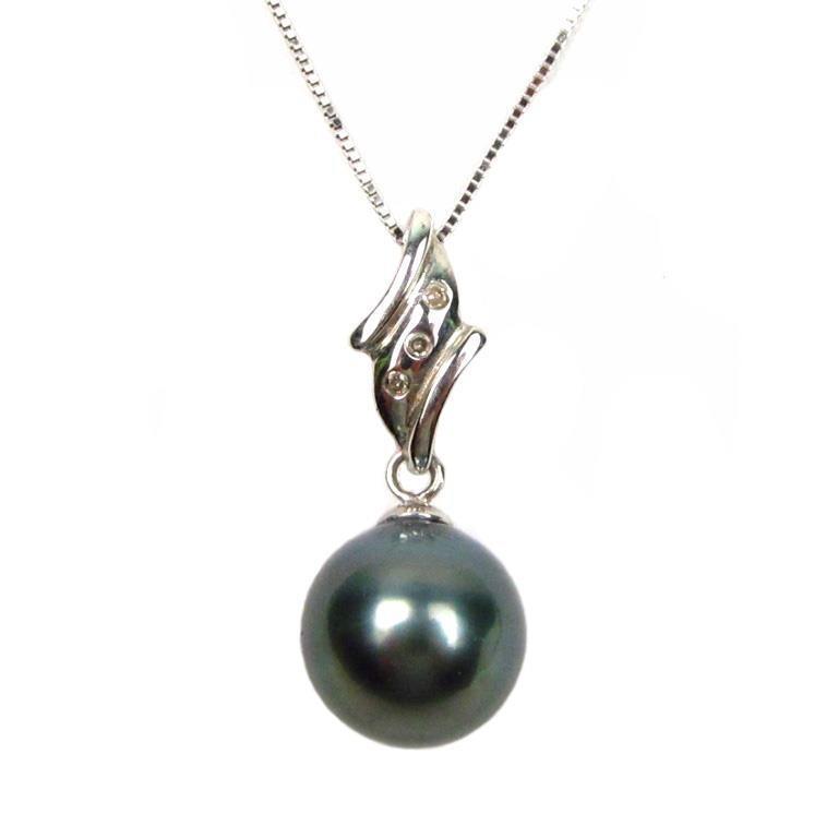 10.2mm Top Quality Tahitian Black Pearl Pendant in 14K White Gold & Diamond