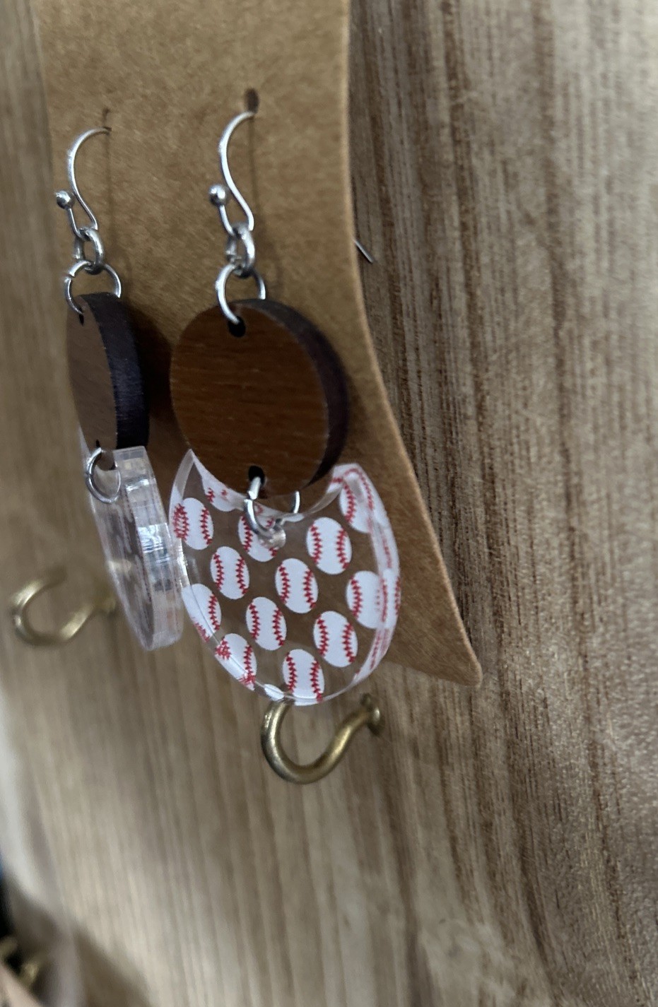 Sports Baseball Earrings Handmade Wood Acrylic Drop Dangle Jewelry Gift