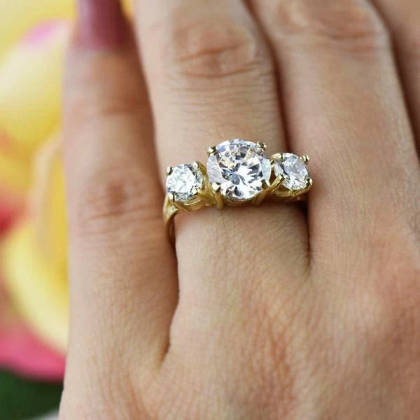 3 CT Round Cut Lab-Created Diamond 3-Stone Wedding Ring 14K Yellow Gold Plated