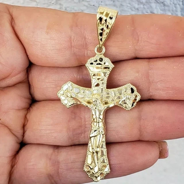 Cross Charm Pendant Nugget Jesus Crucifix Men’s Women’s 14k Yellow Gold Plated