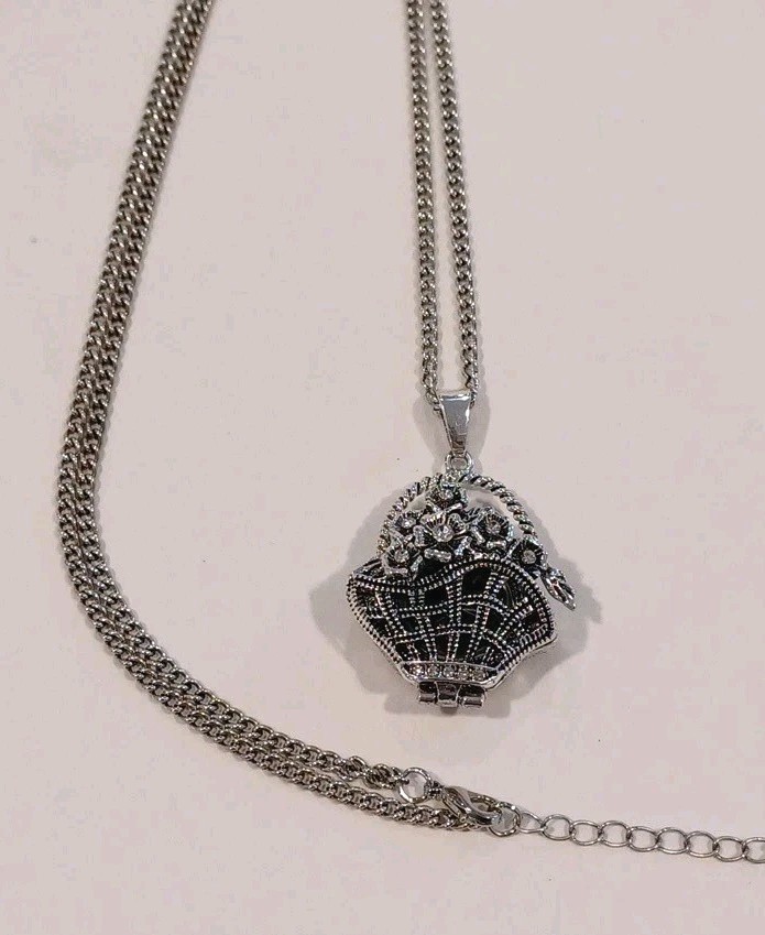 STRADA Silver Tone S. Steel Necklace Locket Watch Floral Design & Rhinestones