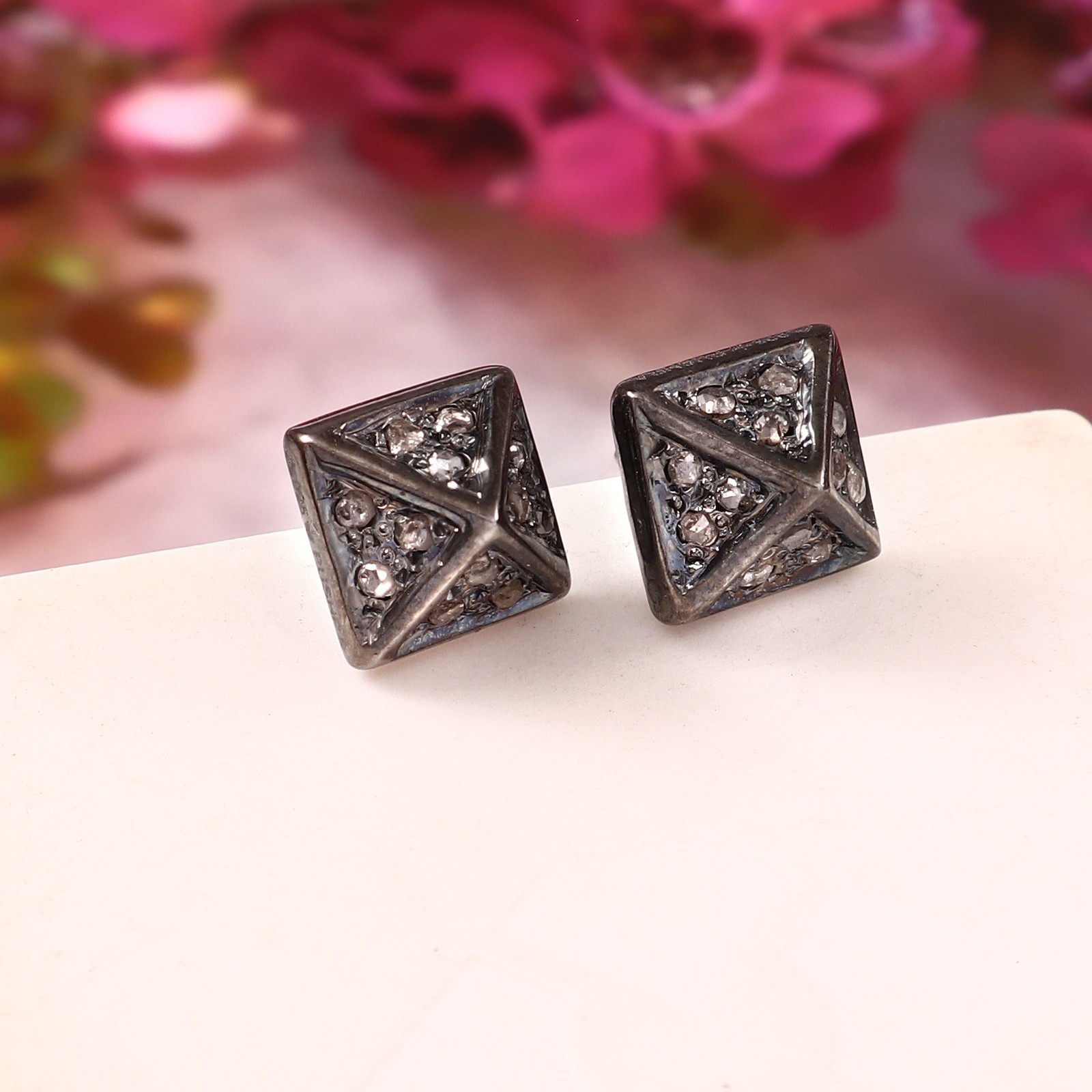 Natural Rose Cut Diamond pyramid studs Earrings 925 Sterling Silver Handmade