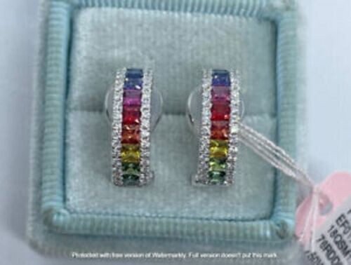 2Ct Princess Cut Rainbow Color Halo Attractive Hoop Earrings14K White Gold Over