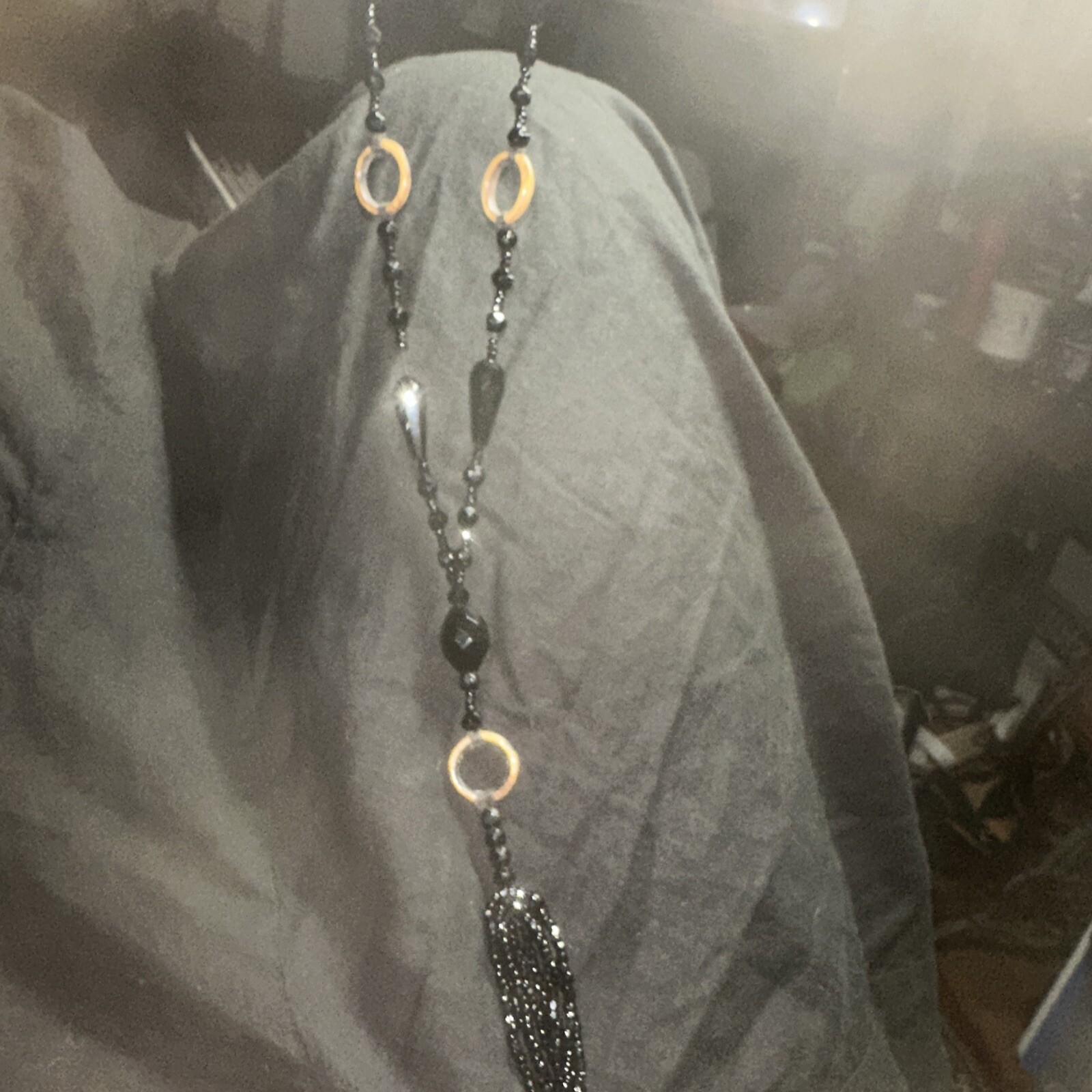 Women’s Black Beaded Mourning Sautoir Opera Length Necklace Jet Crepe Satin Anti