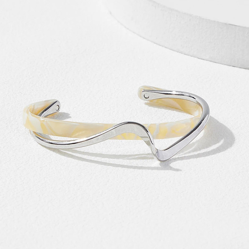 White Acrylic Bracelet Geometric C Shaped Open Metal Bangle Adjustable Jewelry