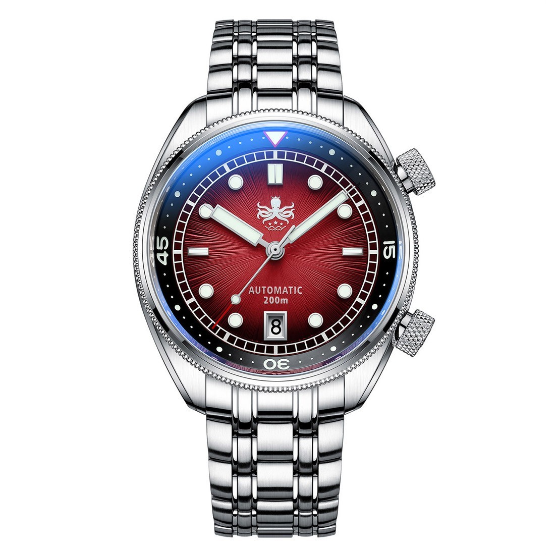 Phoibos EAGLE RAY 200M Steel Automatic Red Sunray Data Diver Men’s Watch
