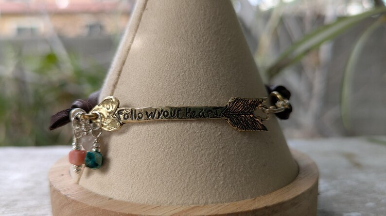 GOLD BRONZE ARROW FOLLOW YOUR HEART BRACELET, ARTISAN HEART THEME JEWELRY