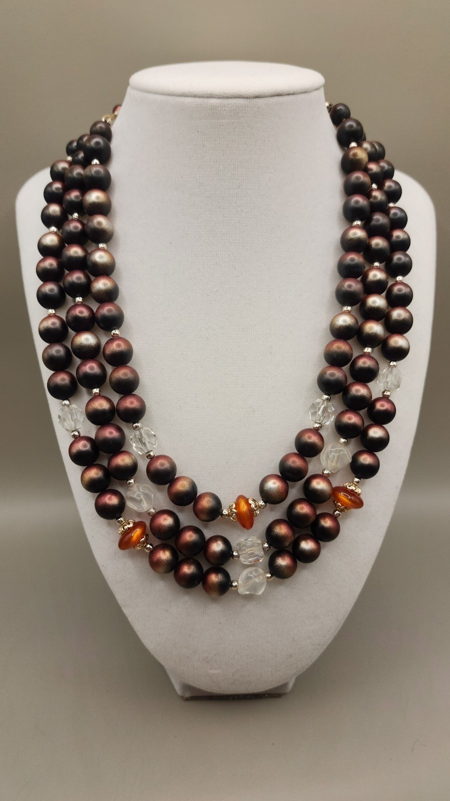 Vtg 1950s Japan 3 Strand Beaded Choker Necklace Brown Copper Faux Pearl Cluster