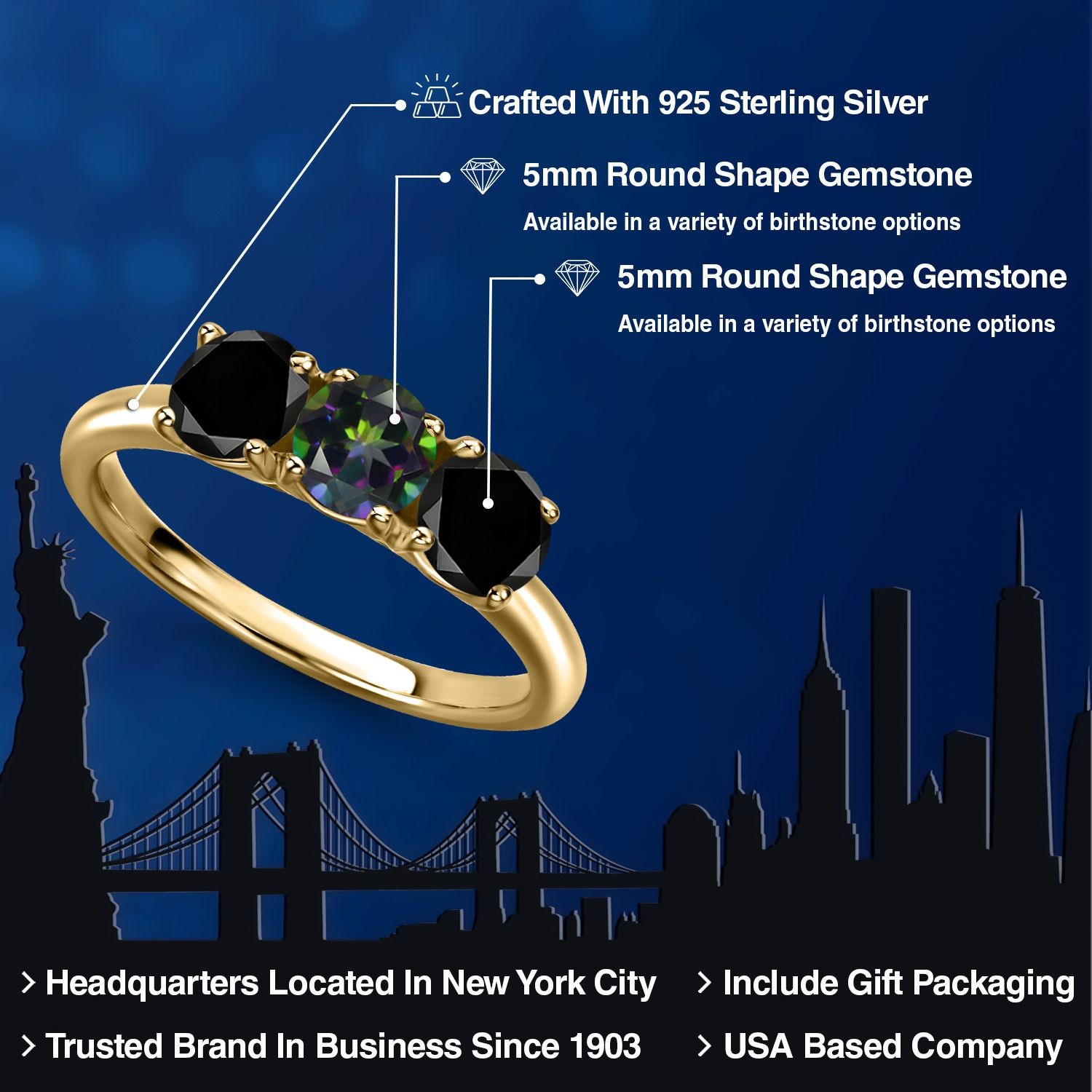18K Yellow Gold Plated Silver Green Mystic Topaz and Black Diamond Engagement