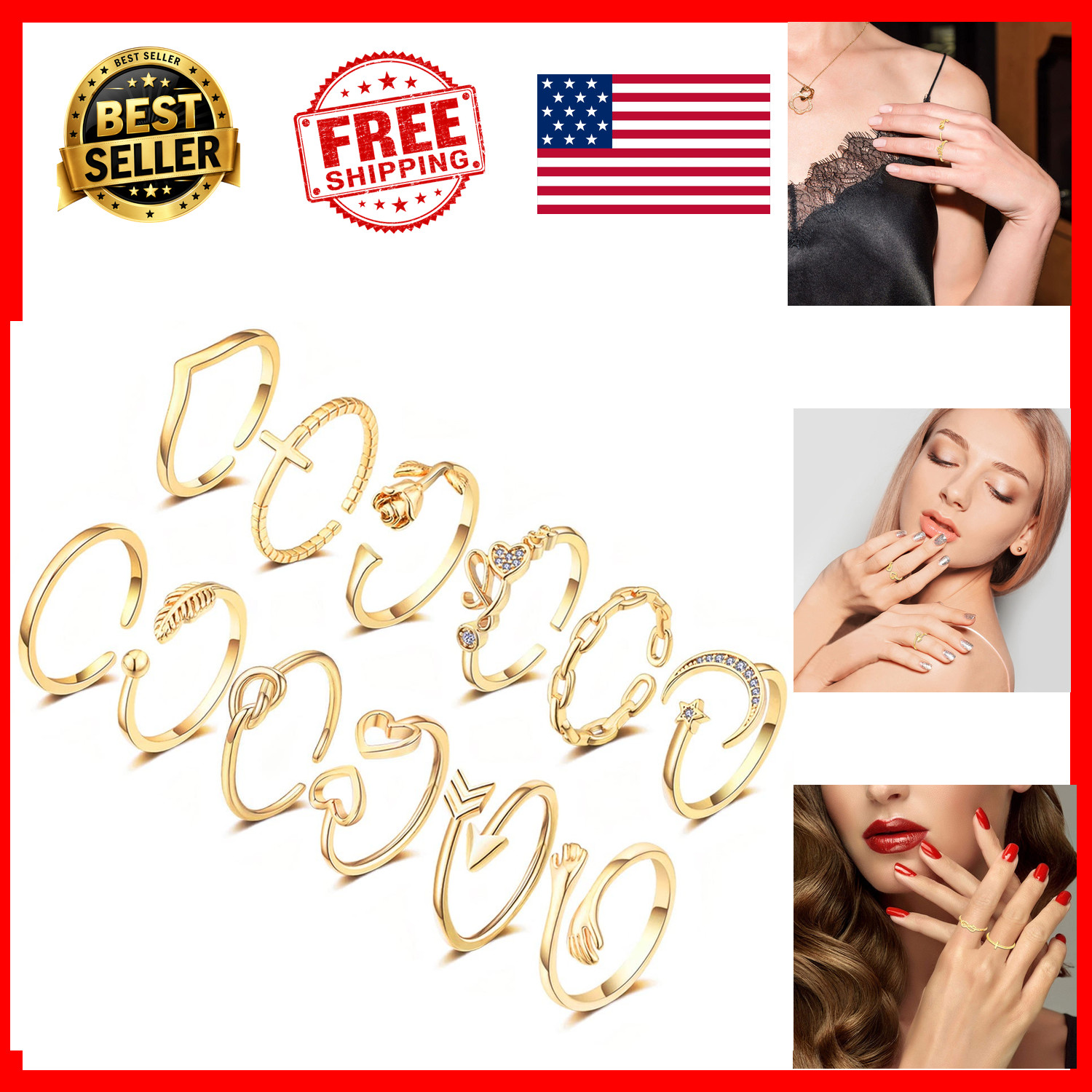 KOHOTA 12pcs Gold Silver Stackable Adjustable Hypoallergenic Bands for Women