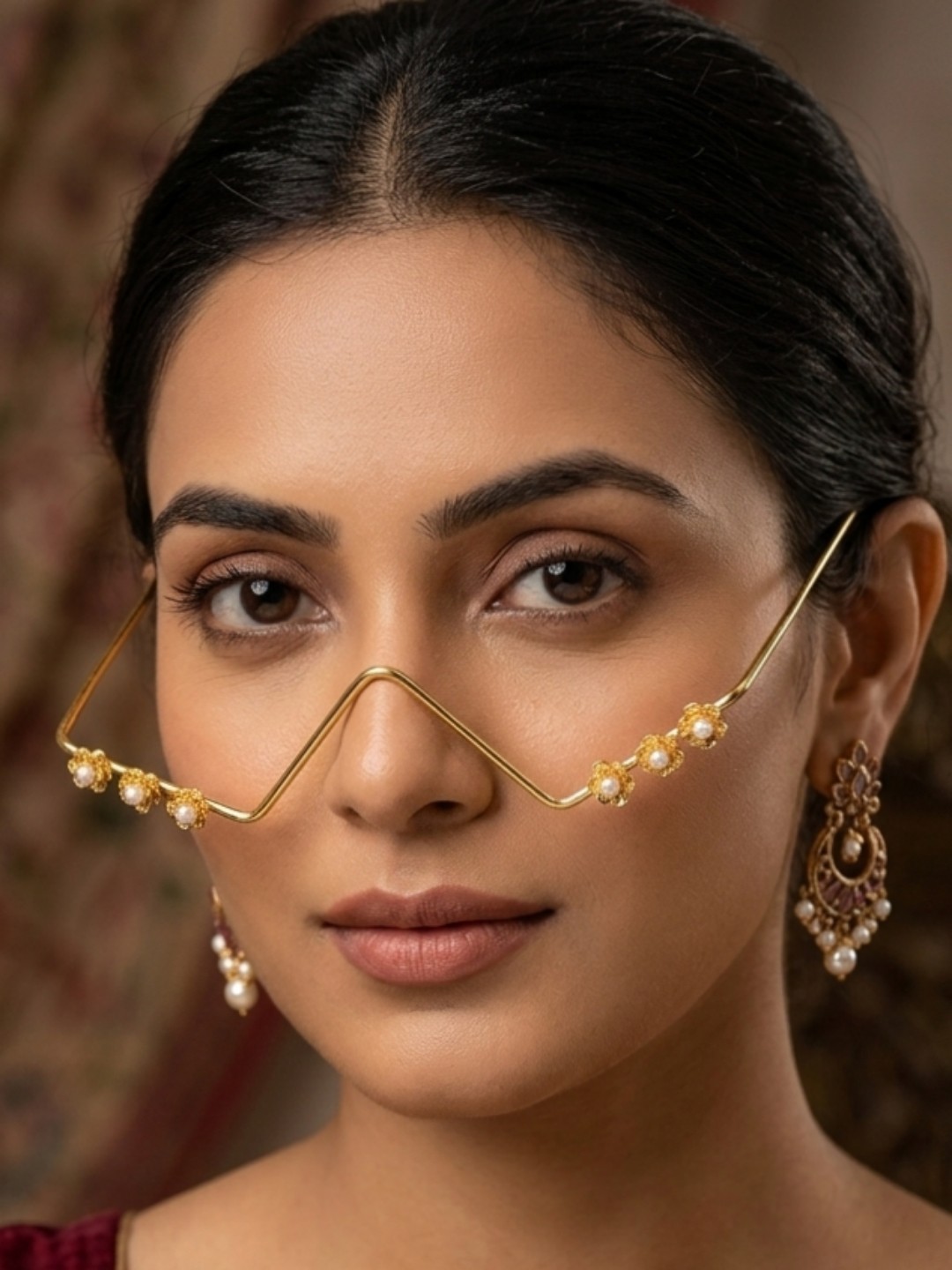 Gold Wire Pearl Wave Face Jewelry Handmade Boho Statement Eye Accessory Facelet
