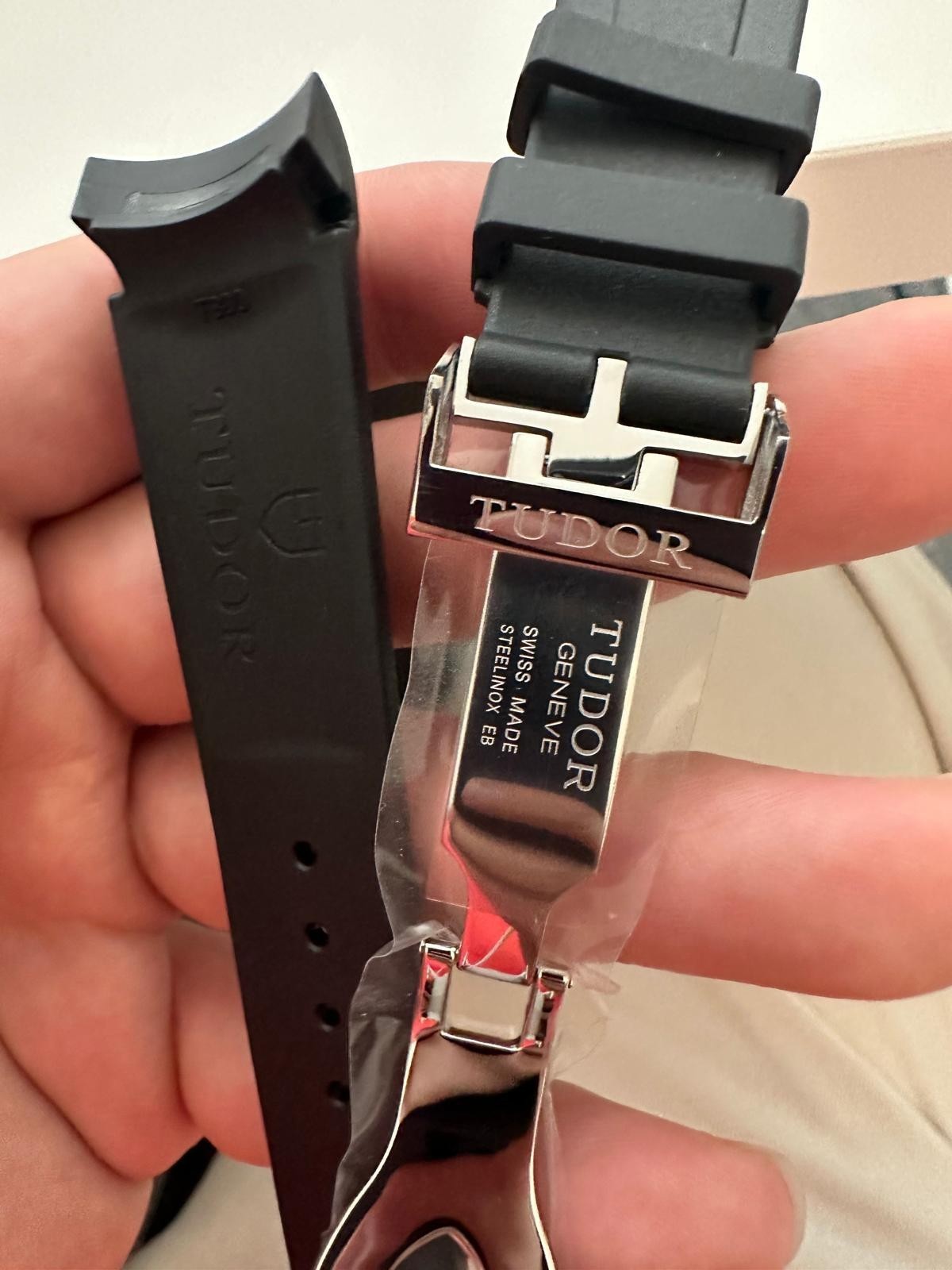 22mm tudor strap Black rubber watch band silver deployment