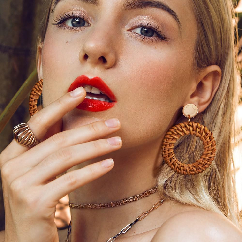 4 Pairs Handmade Raffia Rattan Bohemian round Drop Dangle Earrings for Women, Bo