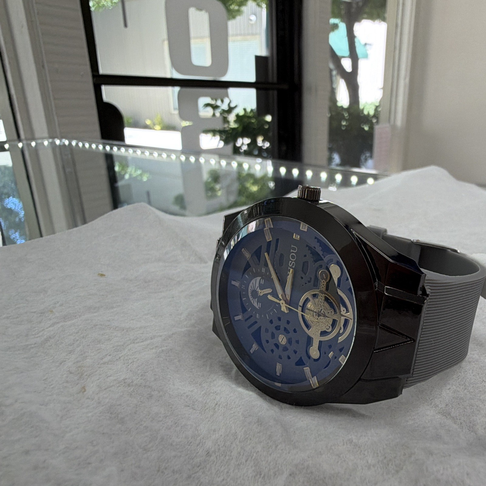 Jiusou Mechanical Automatic Skeleton Dial Analog Watch Black Case Gray Strap