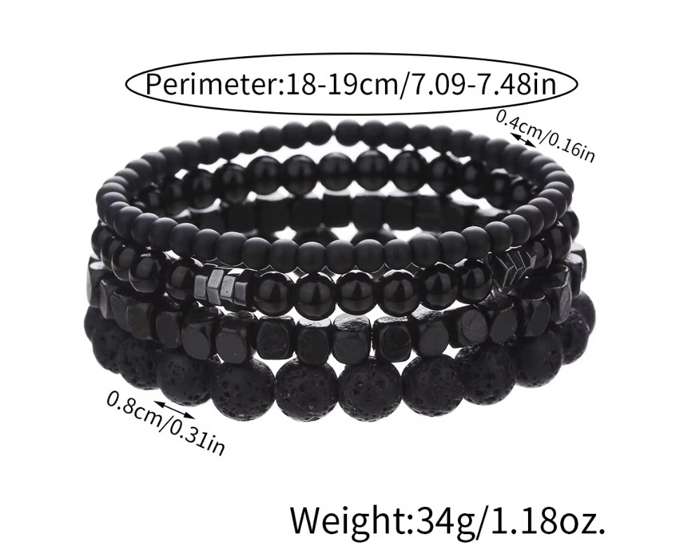 4pcs Black Stone & Wood Bead Elastic Bracelet Set for Men Women NEW