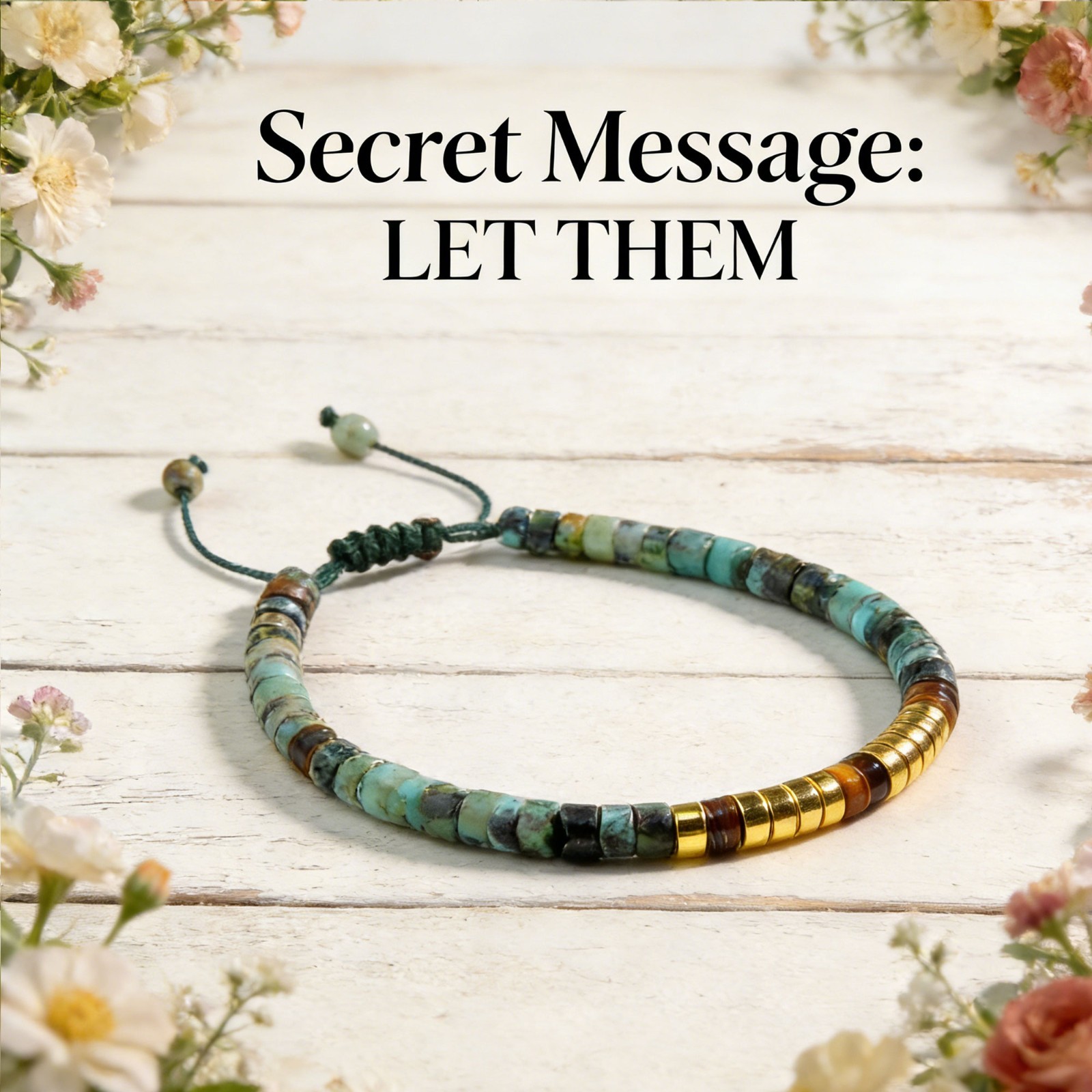 Morse Code ” LET THEM ” Healing African Turquoise Adjustable Bracelet Women Men