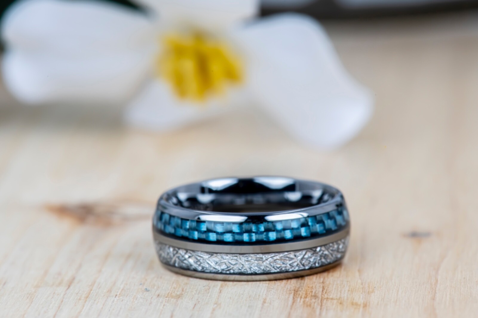 Tungsten Ring Imitation Meteorite & Blue Carbon Fiber Domed Mens Wedding Ring