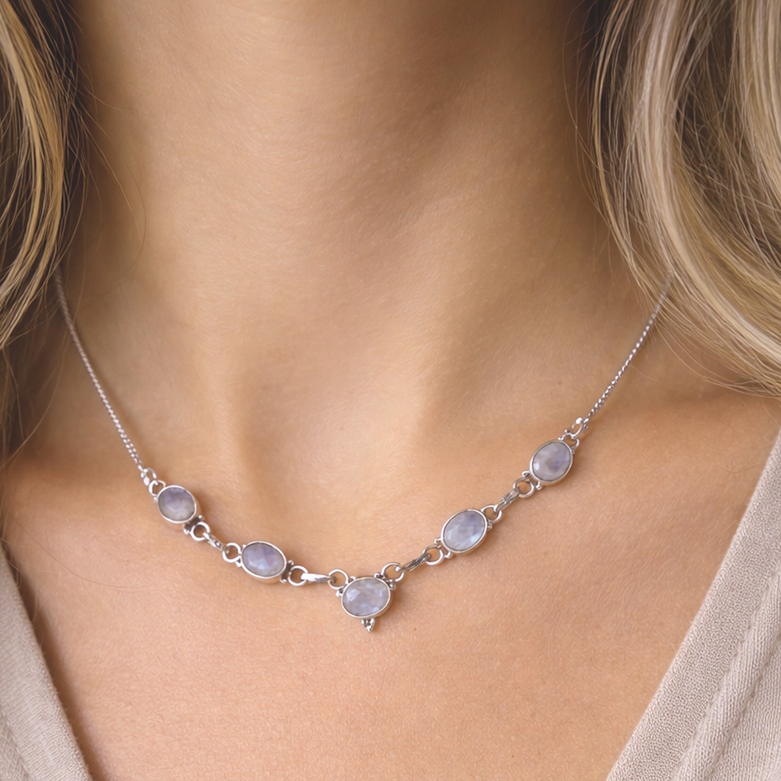 Moonstone necklace silver 925 chain necklace white blue shimmer cutstone ts