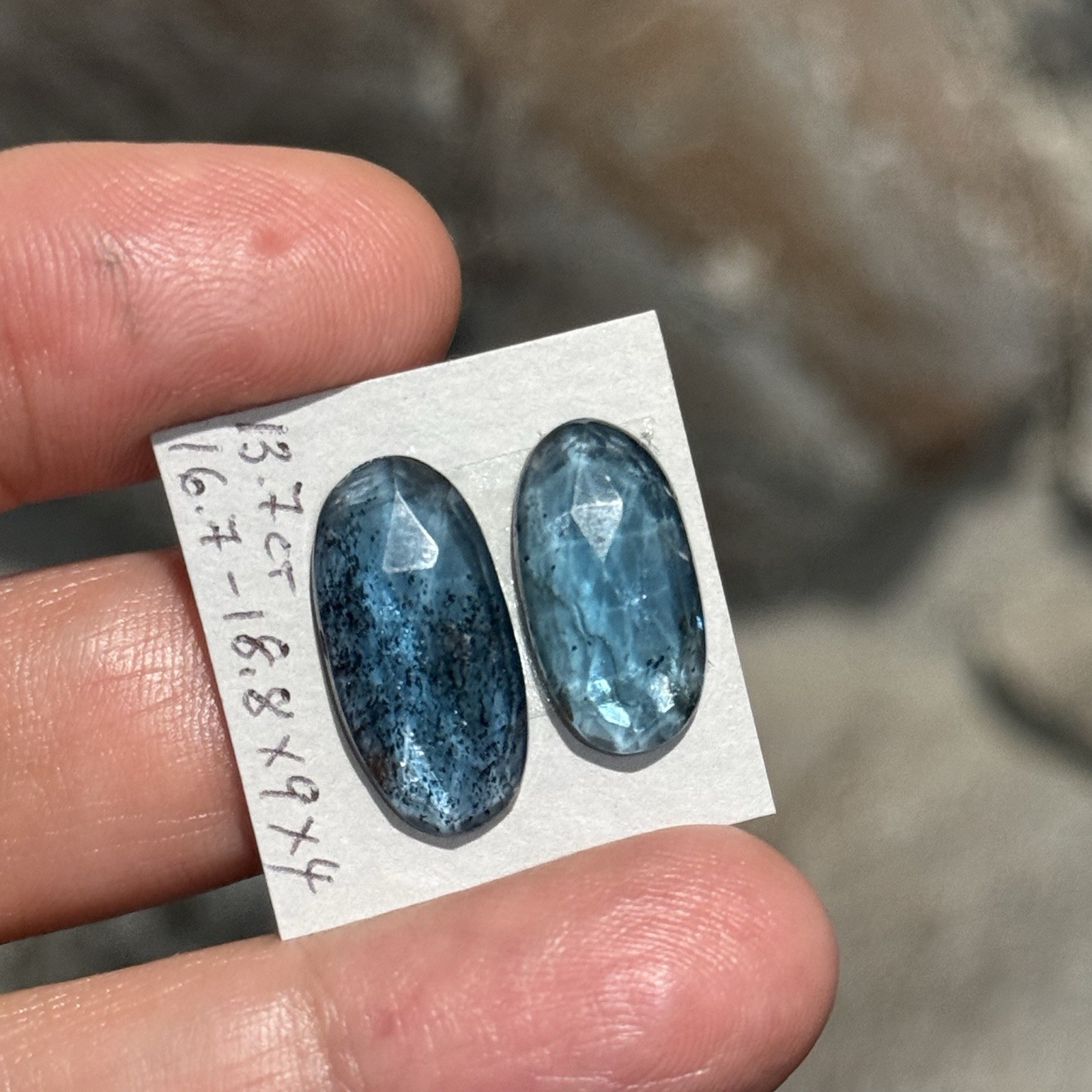 13.7ct 16.7-18.8x9x4mm Pair Teal Blue Faceted Moss Kyanite Oval Cabochon Gems
