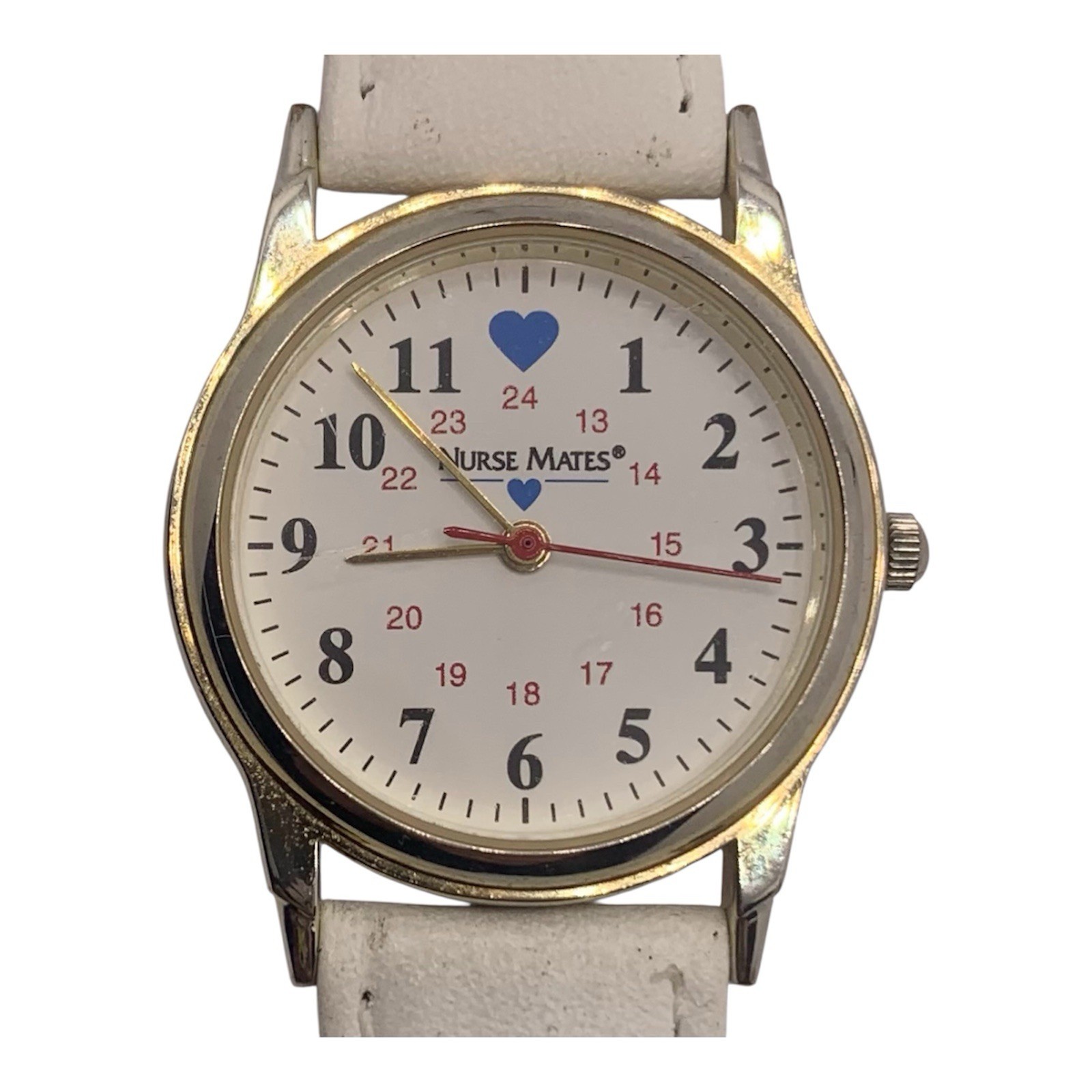 Nurse Mates Womens Watch NEW Battery & White Leather Band Medical Dial Quartz