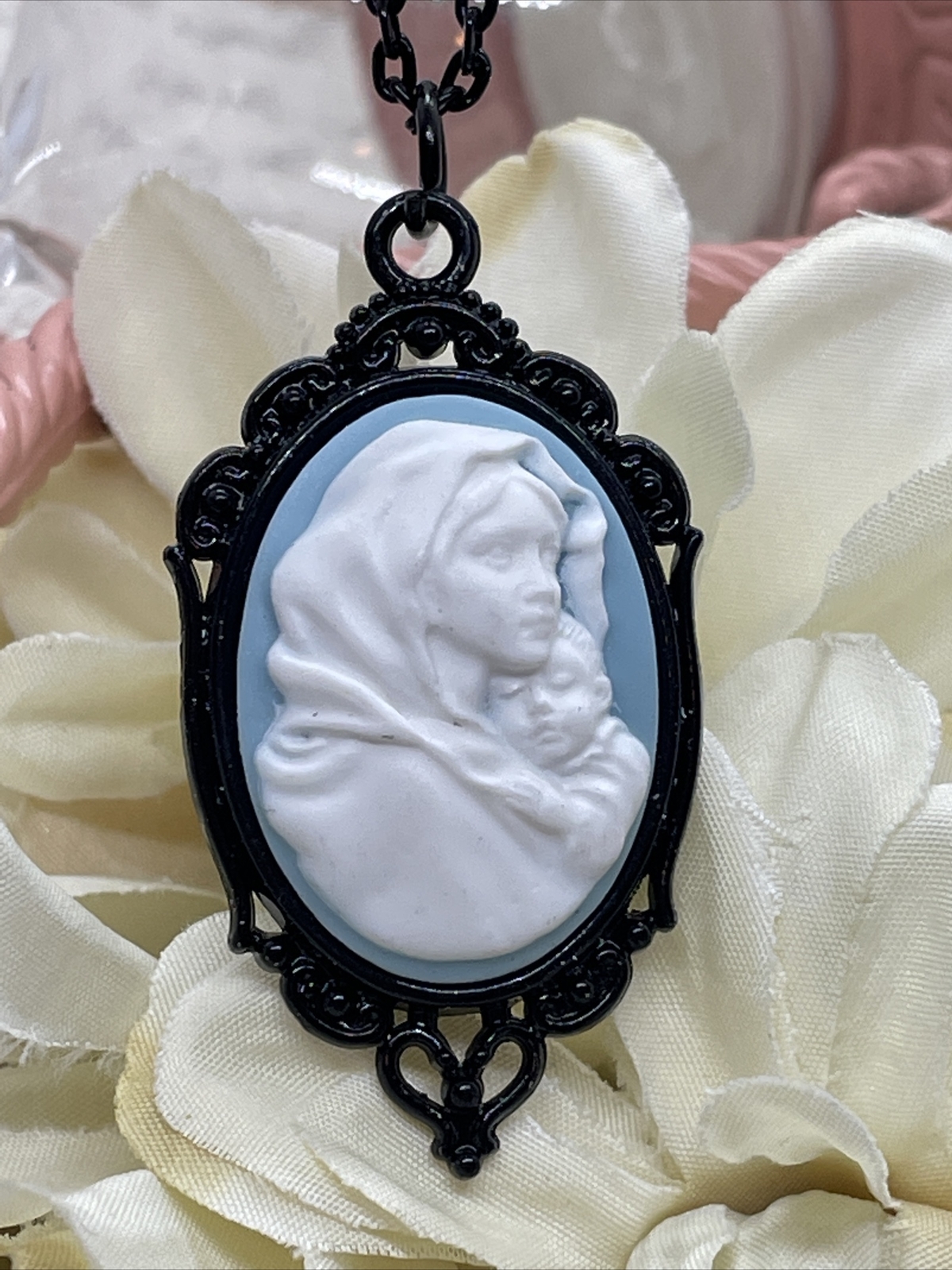 Madonna Mary Child Jesus MOM Heart Jewelry White Mothers Day necklace Cameo Bday