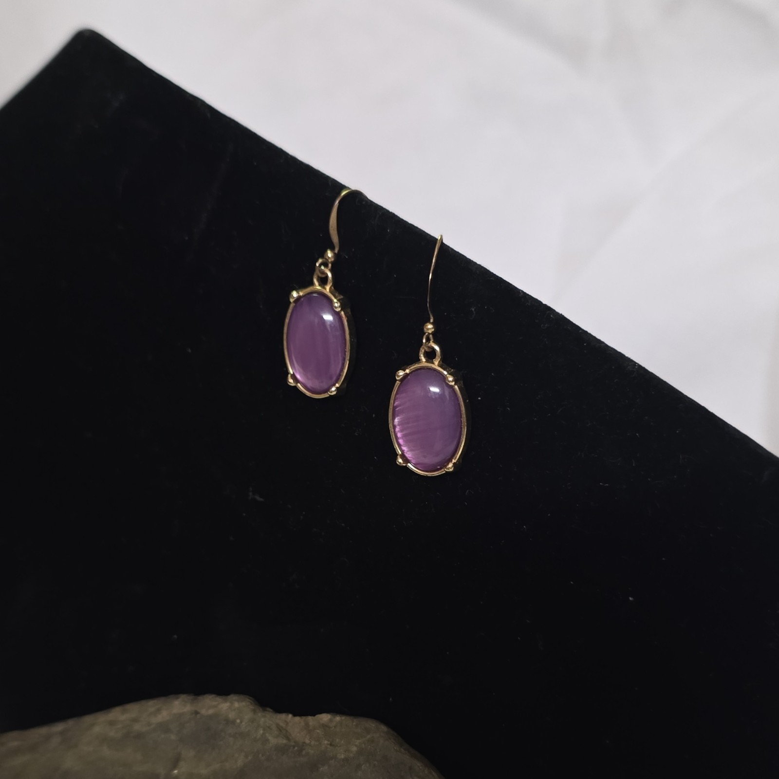 Gold Tone Purple Oval Cabochon Stone Dangle/Drop Hook Earrings, Bezel Set