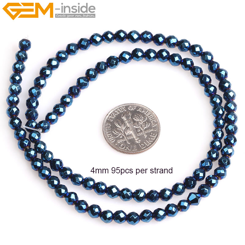 Round Blue Metallic Coated Hematite Faceted Stone Loose Beads Jewelry Making 15‘