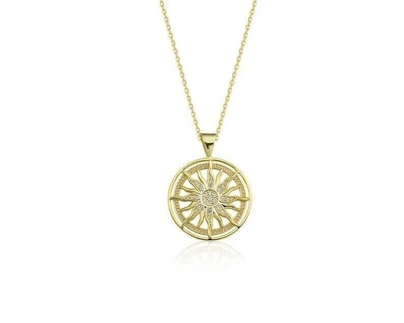 Sunburst Sun Pendant In 14K Yellow Gold Plated 1Ct Round Cut Simulated Diamond