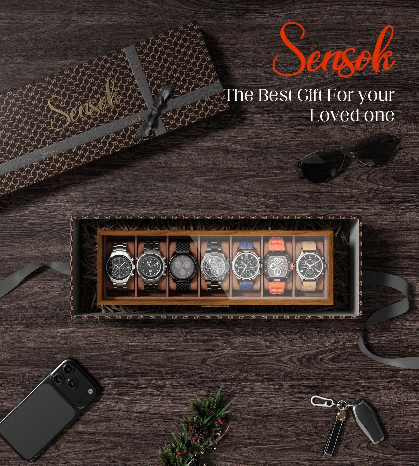 Men’s Watch Case Box – 7 Slots, 2-Layer Wood Grain Organizer with Jewelry Drawer