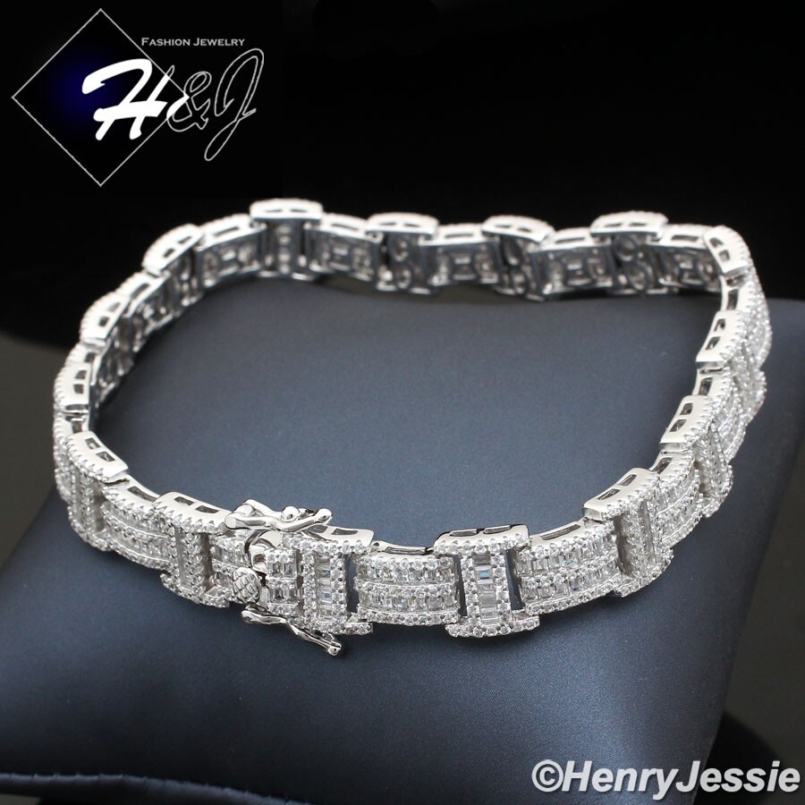 8″MEN SOLID 925 STERLING SILVER 9MM FULL ICY BAGUETTE CZ CHAIN LINK BRACELET*B16