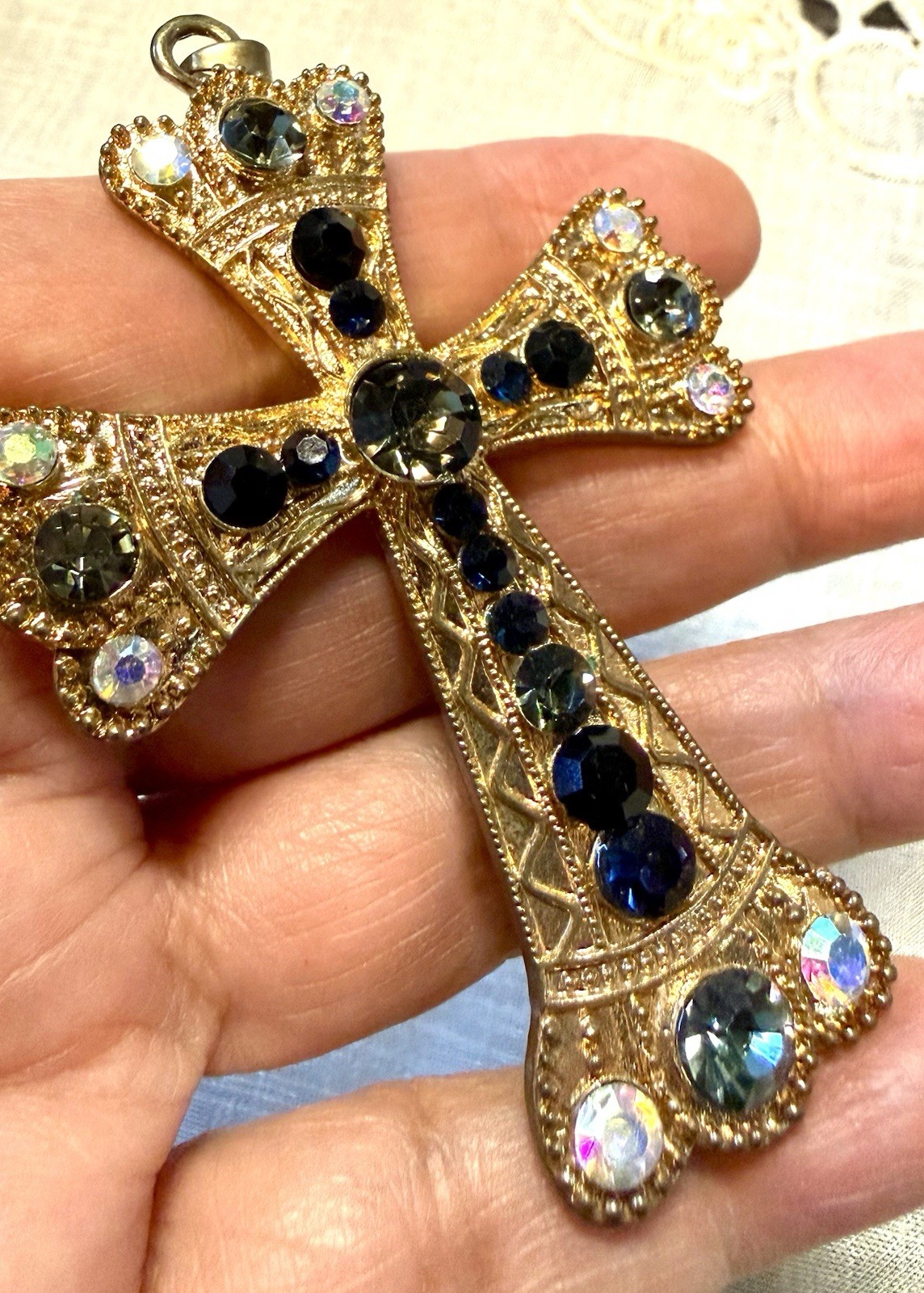 VTG.Large Gothic Cross Pendant Blue Gray Rhinestone Gold Tone Medieval Revival