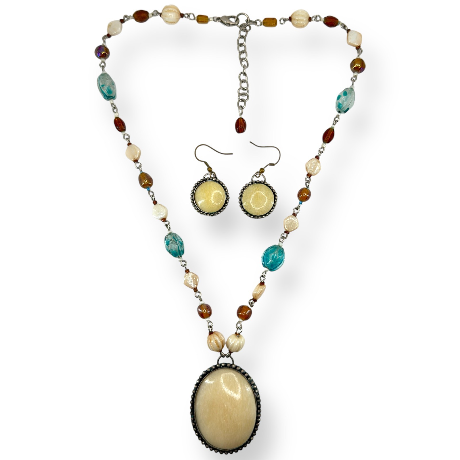 VTG Faux Bone Beaded Gemstone Necklace Earring Set Multicolor Hand Made Pendant