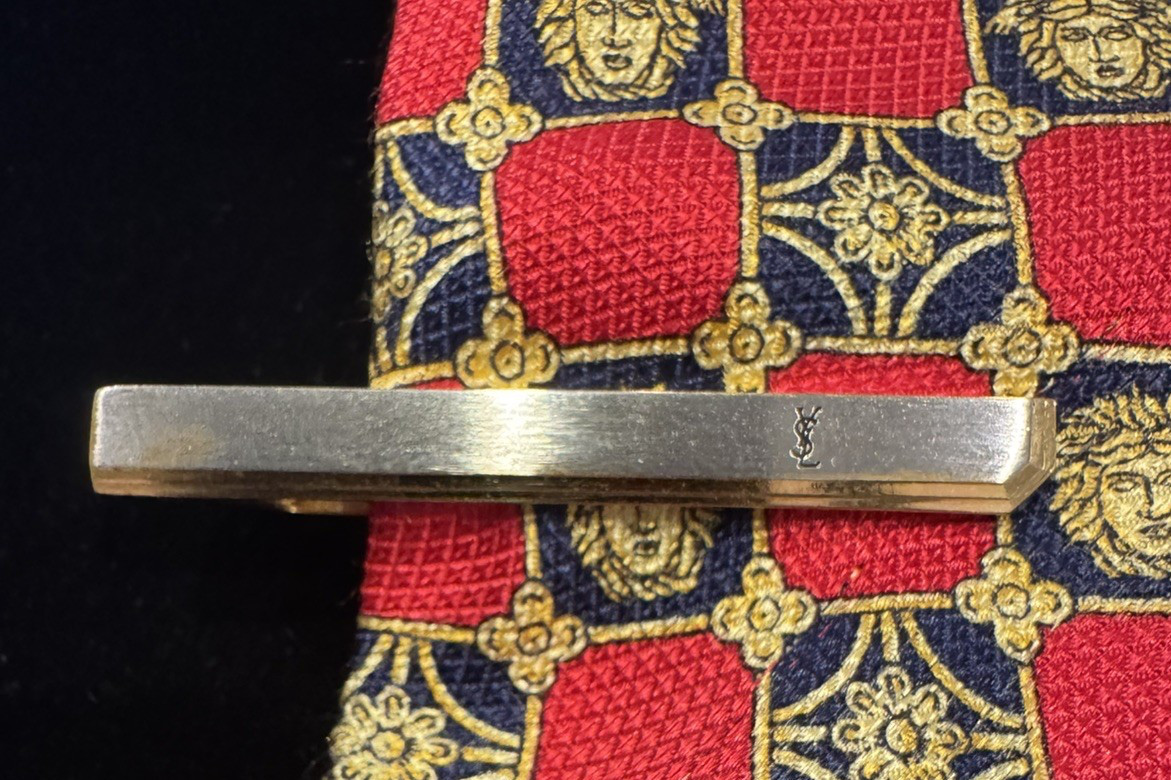 Signed YSL Yves Saint Laurent Tie Bar Clip Clasp Gold Silver Tone Logo Vintage