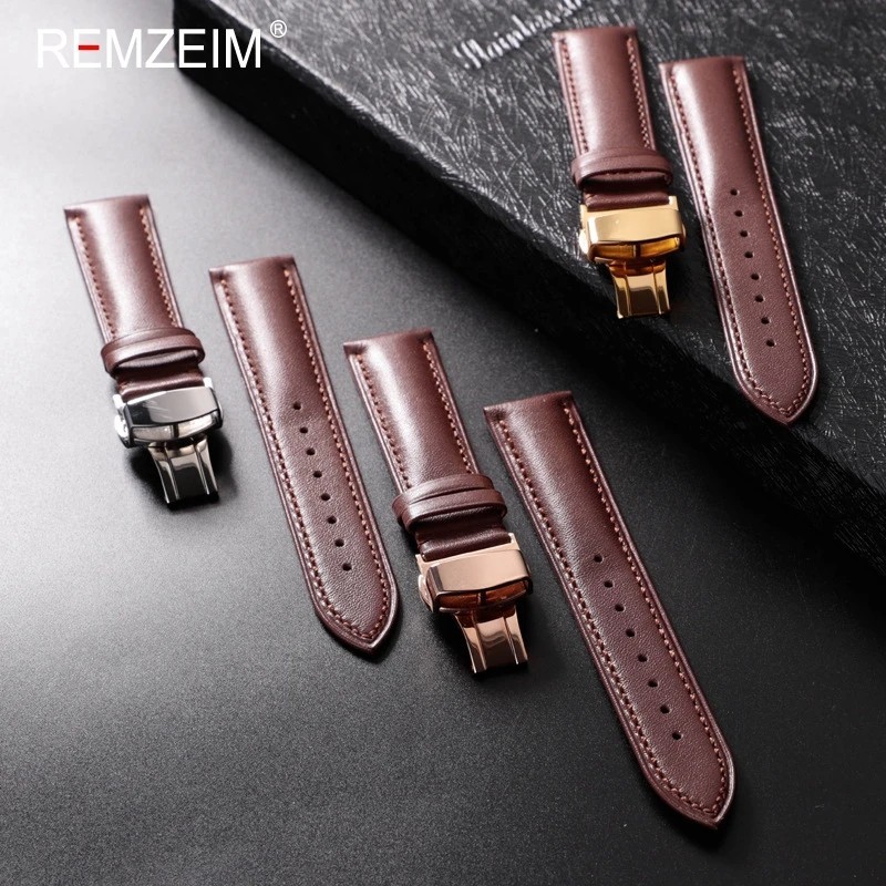 Genuine Leather Watch Band 18mm 20mm Calfskin Replacement Strap Butterfly Clasp