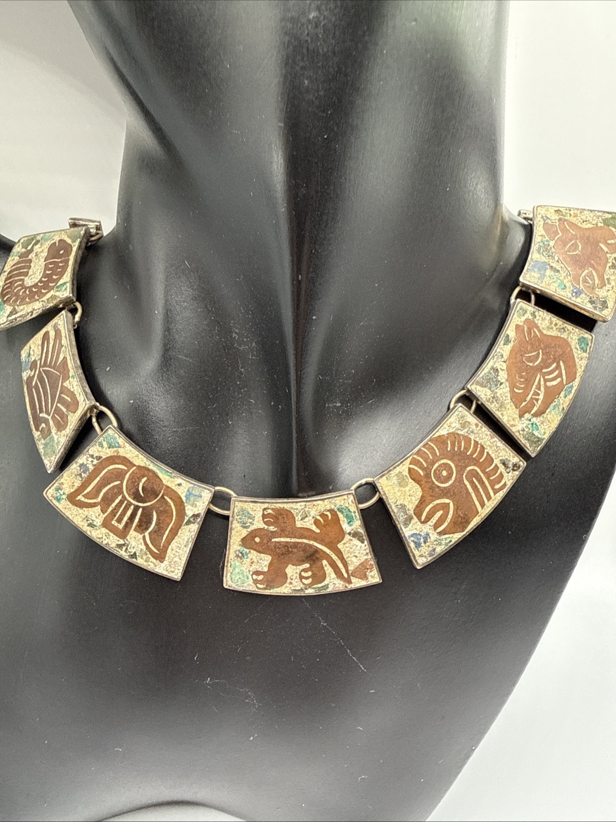 VTG HECHO EN MEXICO 925 STERLING MIXED STONES AZTEC NECKLACE.56.8 GRAMS.SIGN DH?