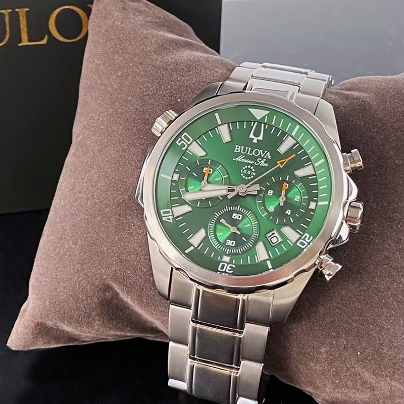 Bulova Men’s Marine Star 96B396 Green Dial Quartz Chronograph Watch 43MM