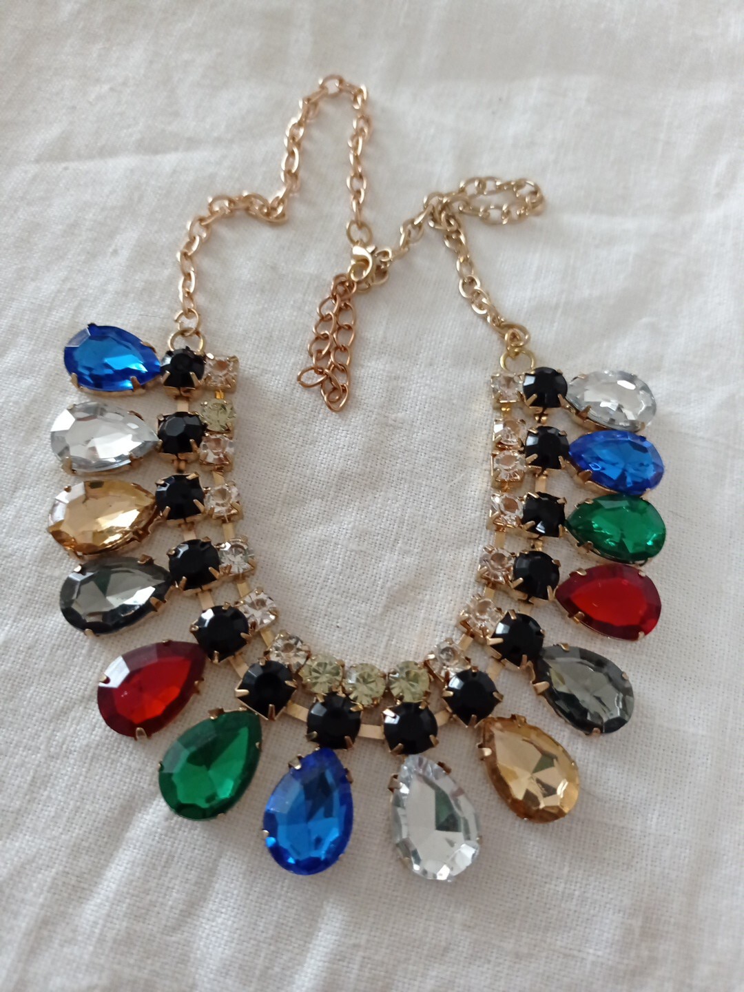 Retro Gold Tone Faceted Clear/Black&Multicolour Rhinestone Beads Necklace-L47cm
