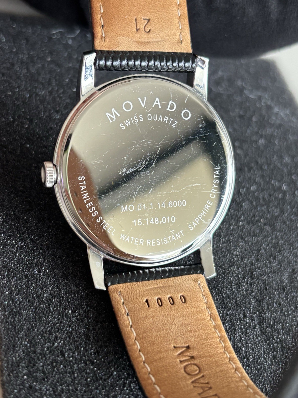 Movado Museum Black Dial Sapphire Crystal with Genuine Leather Strap