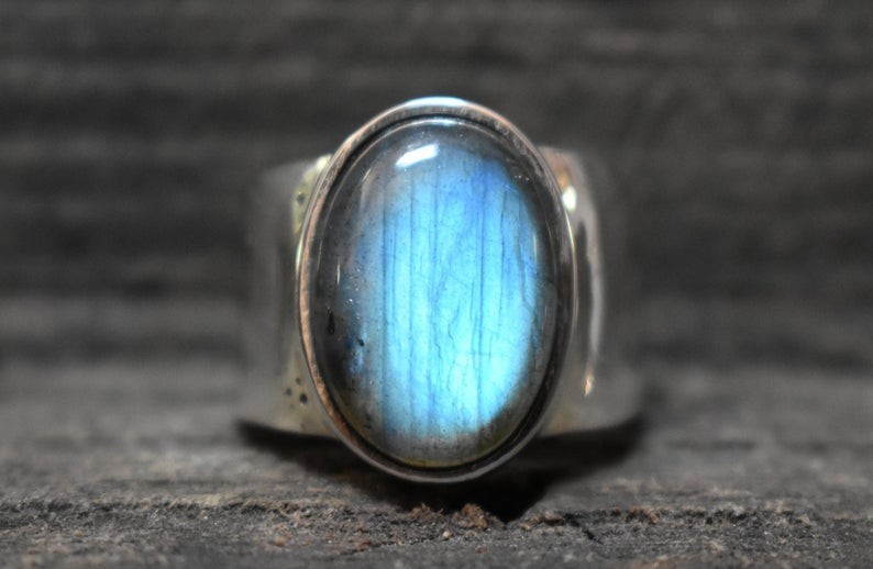 Solid 925 Sterling Silver Natural Blue Labradorite Oval Men’s Unisex Band Ring