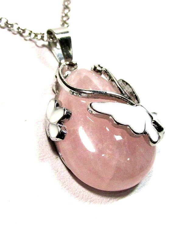 Silver Tone Rose Quartz Teardrop Butterfly Pendant 17″ Necklace – NWOT (#2931)