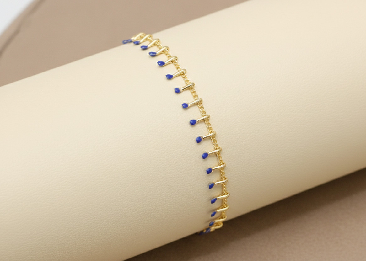 18K Gold Plated Brass Chain Bracelet Sapphire Blue Dangle Charms Boho Jewel