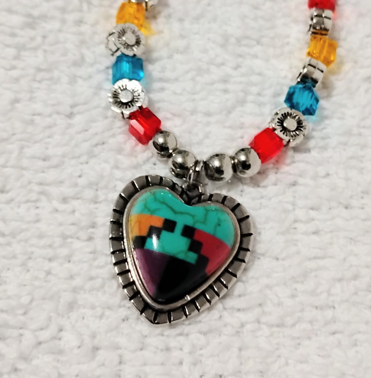 Handcrafted Jewelry 28″ Dainty Citrine Turquoise Red Square Glass Heart Necklace