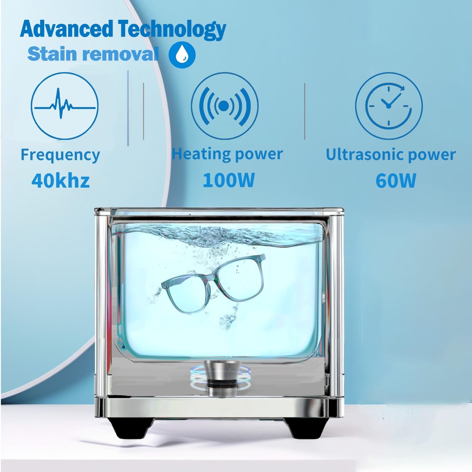 Ultrasonic Cleaner 1.3L Stainless Steel Heated Machine for Jewelry, Glasses, Den