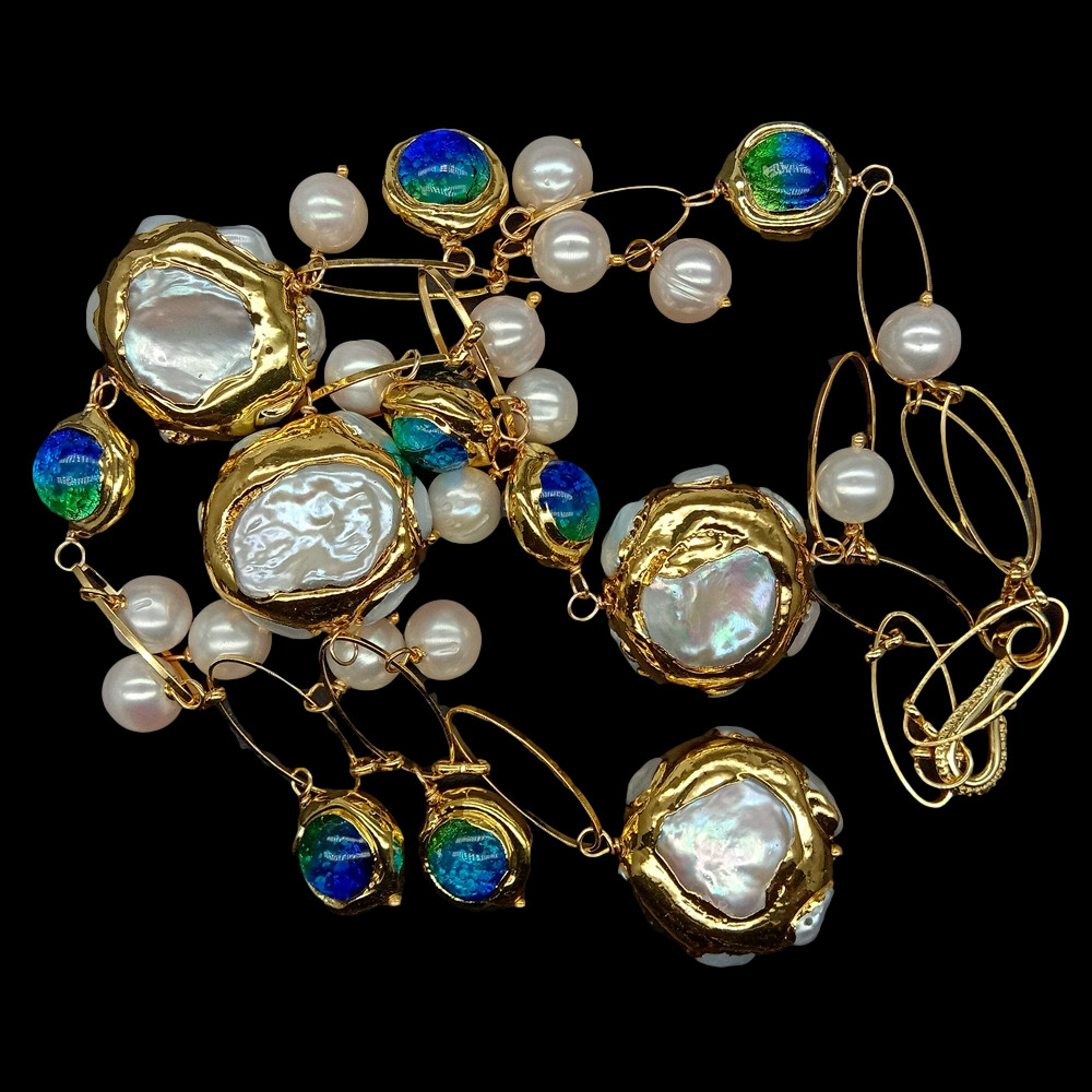 Freshwater Cultured White Keshi Pearl Blue Murano Glass Necklace 21″