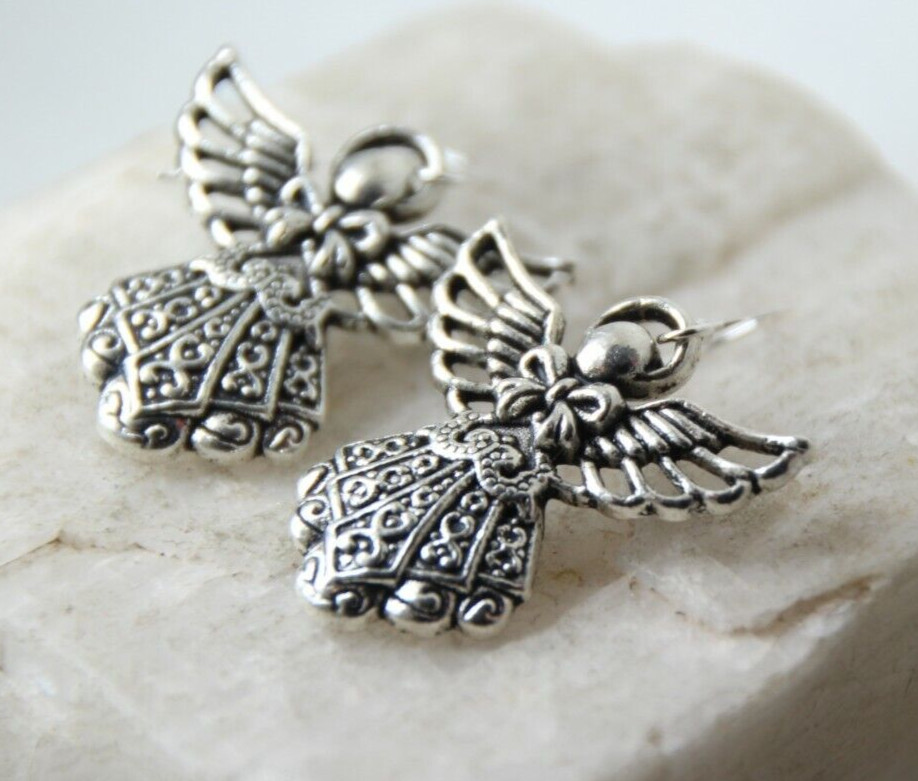Angel Charm Earrings 925 Sterling Silver Hooks Pewter Pendants 1 1/4″ Angels