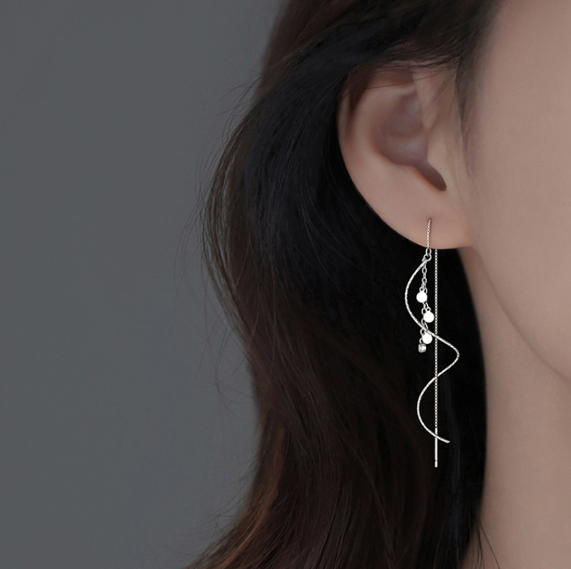 Women 925 Silver Tone Tassel Threader Disc Dangle Drop Pull Earrings Fashion I48