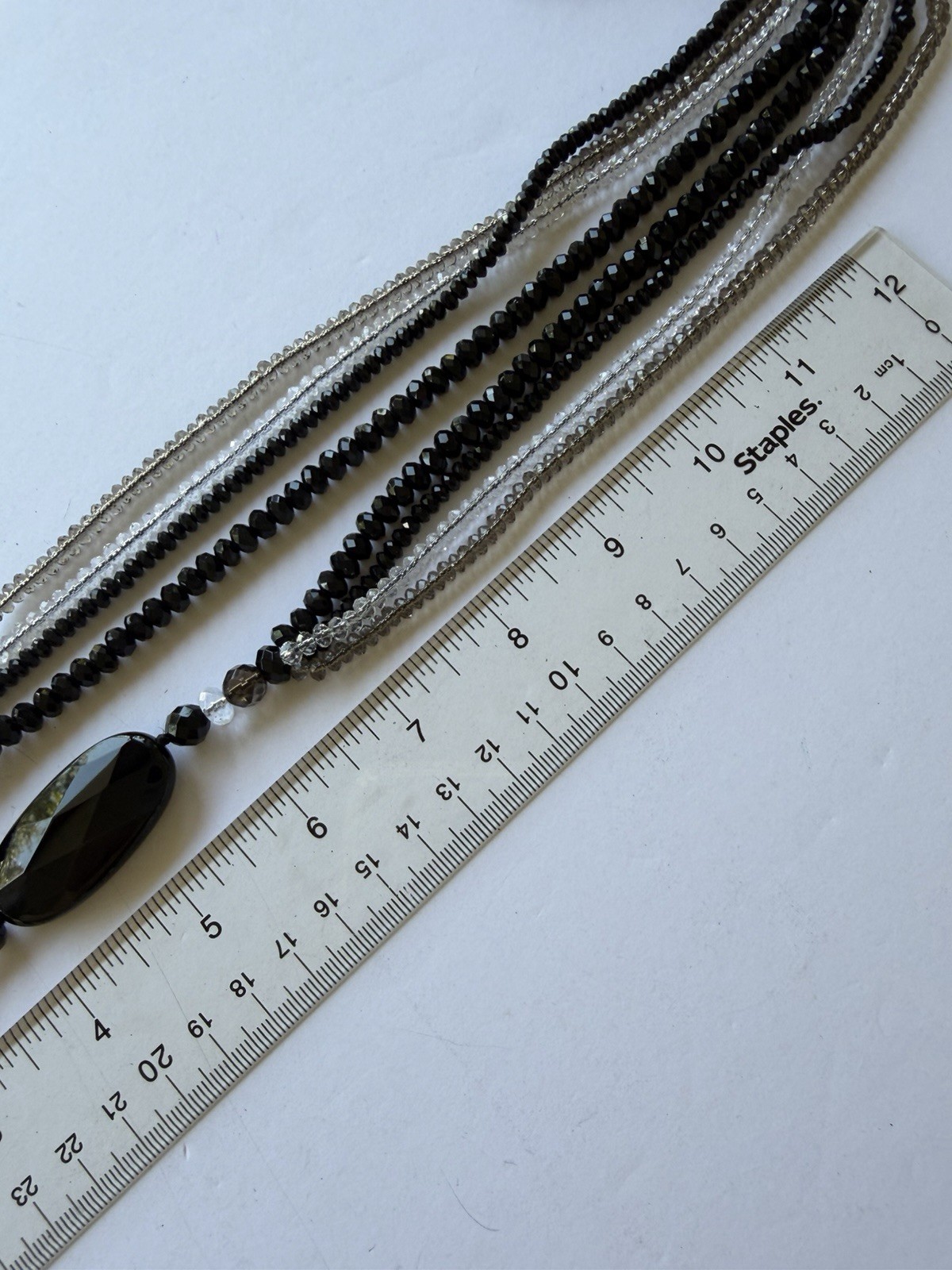 Black Onyx W/ Gold, Clear & Black Glass In 32” Lariat Necklace Adjustable