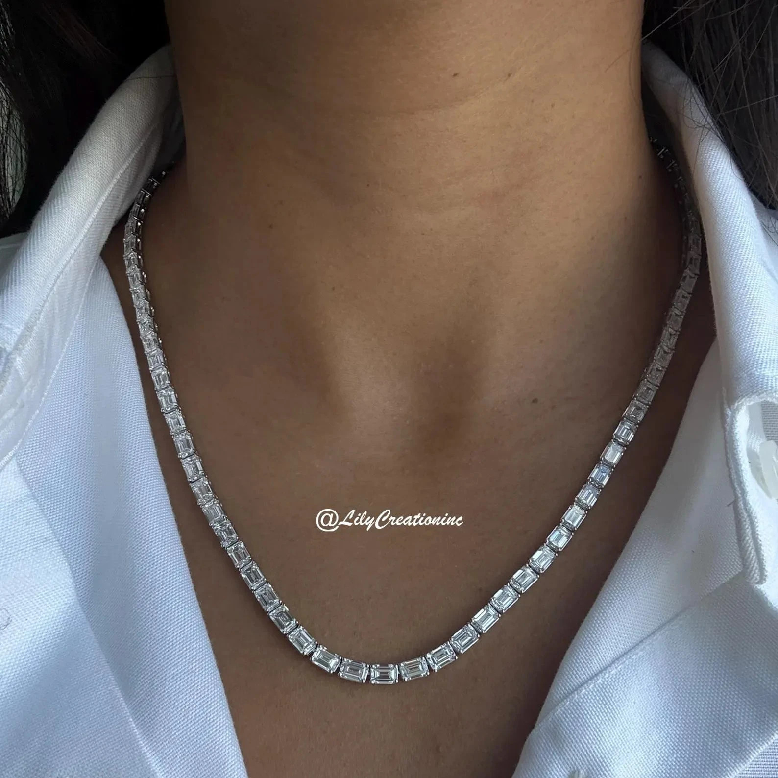 28 Carat Diamond Tennis Necklace 14K White Gold Lab Grown Emerald Cut 15 inch