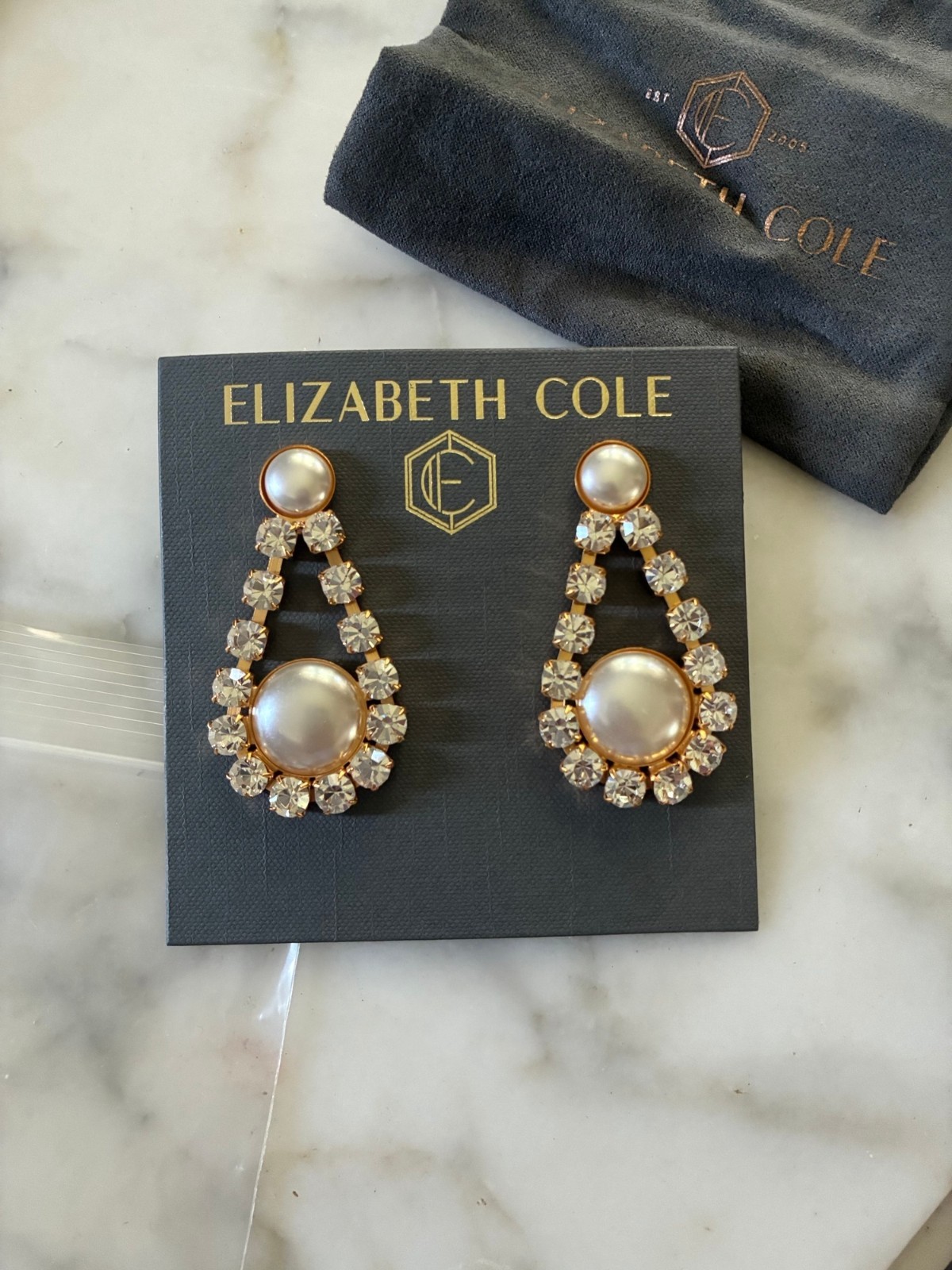 Elizabeth Cole wedding Danica gold plate crystal earrings signed storage bag tag